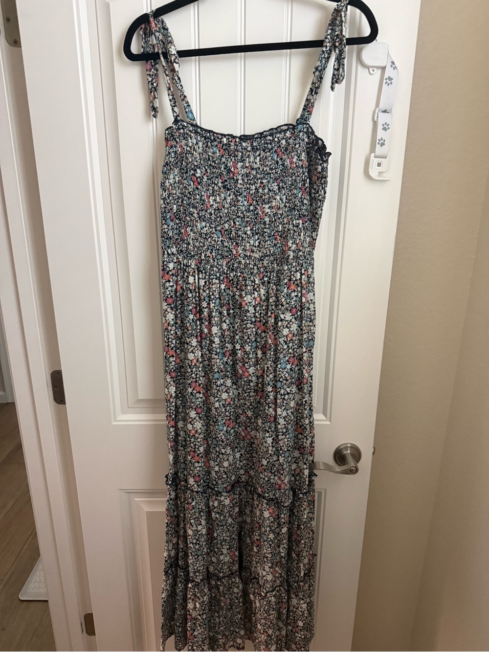 Smocked Floral Maxi Dress with Tie Straps - Blue & Pink
